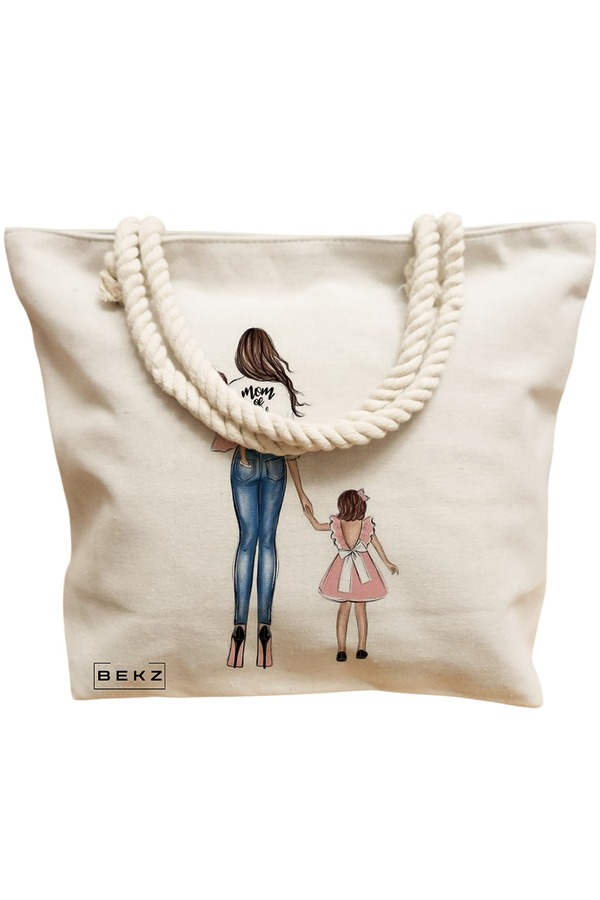 Geanta Canvas Tote pentru femei, model Mom of Girls, 40x51 cm, Bej, BEKZ® 12 model Mom of Girls