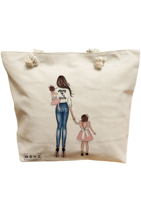 Geanta Canvas Tote pentru femei, model Mom of Girls, 40x51 cm, Bej, BEKZ® 11 Geanta Canvas Tote pentru femei