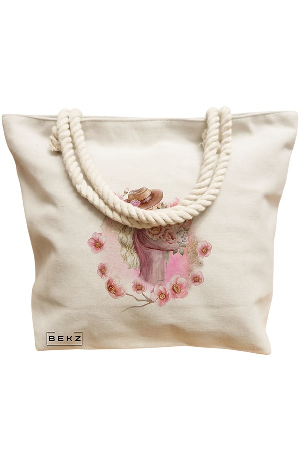 Geanta Canvas Tote pentru femei, model Floral Romance, 40x51 cm, Bej, BEKZ® 12 model Floral Romance