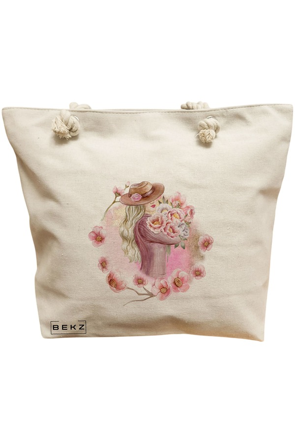 Geanta Canvas Tote pentru femei, model Floral Romance, 40x51 cm, Bej, BEKZ® 11 Geanta Canvas Tote pentru femei
