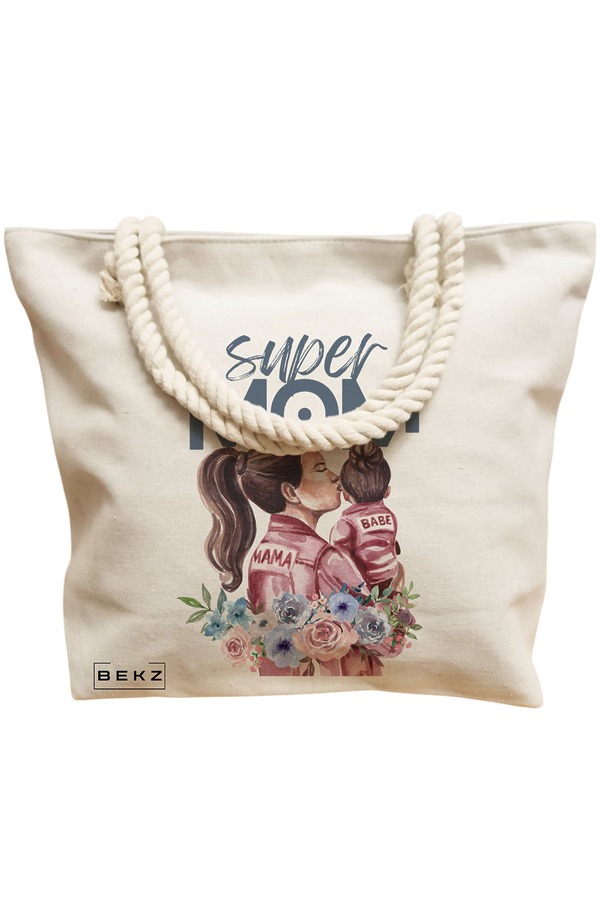 Geanta Canvas Tote pentru femei, model Super Mom 2, 40x51 cm, Bej, BEKZ® 12 model Super Mom 2