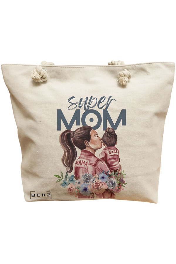 Geanta Canvas Tote pentru femei, model Super Mom 2, 40x51 cm, Bej, BEKZ® 11 Geanta Canvas Tote pentru femei