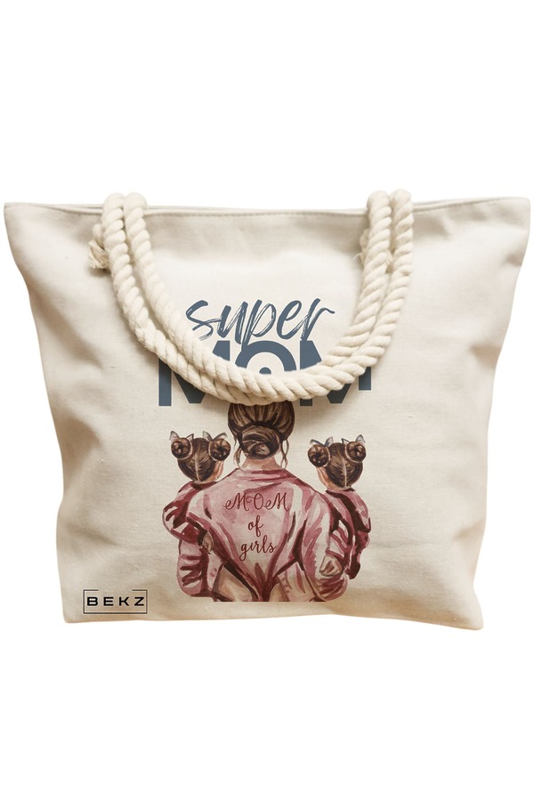 Geanta Canvas Tote pentru femei, model Super Mom of Girls, 40x51 cm, Bej, BEKZ® 12 model Super Mom of Girls
