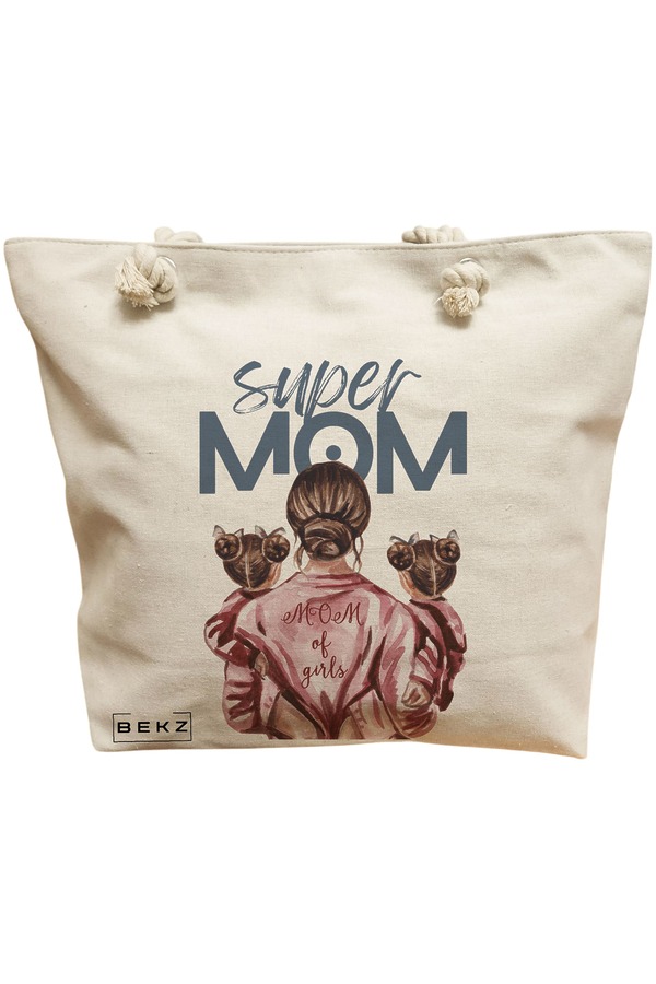 Geanta Canvas Tote pentru femei, model Super Mom of Girls, 40x51 cm, Bej, BEKZ® 11 Geanta Canvas Tote pentru femei
