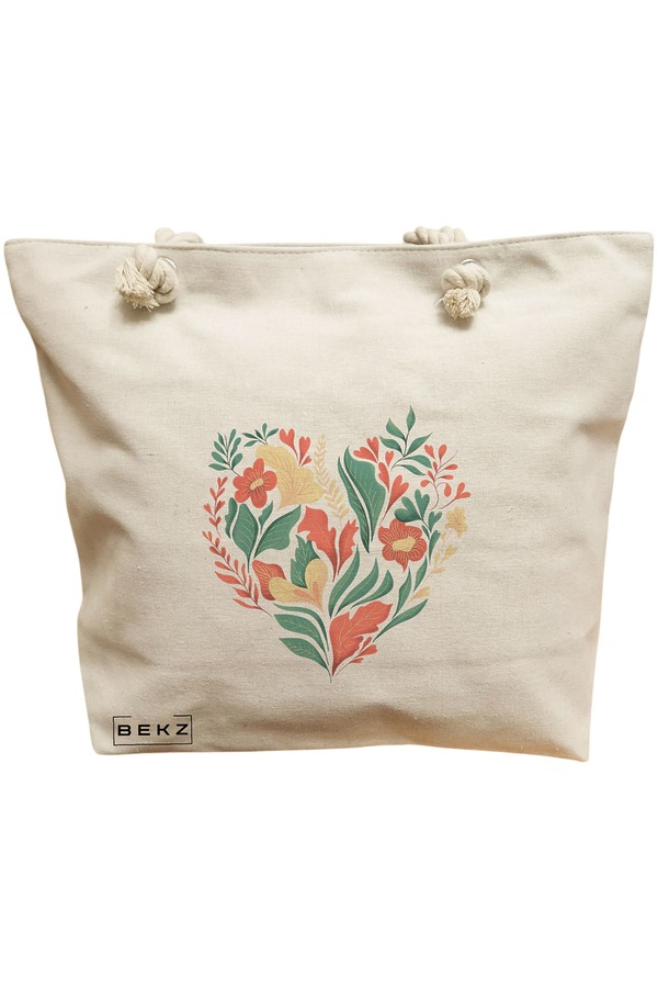 Geanta Canvas Tote pentru femei, model Inima Florala, 40x51 cm, Bej, BEKZ® 11 Geanta Canvas Tote pentru femei