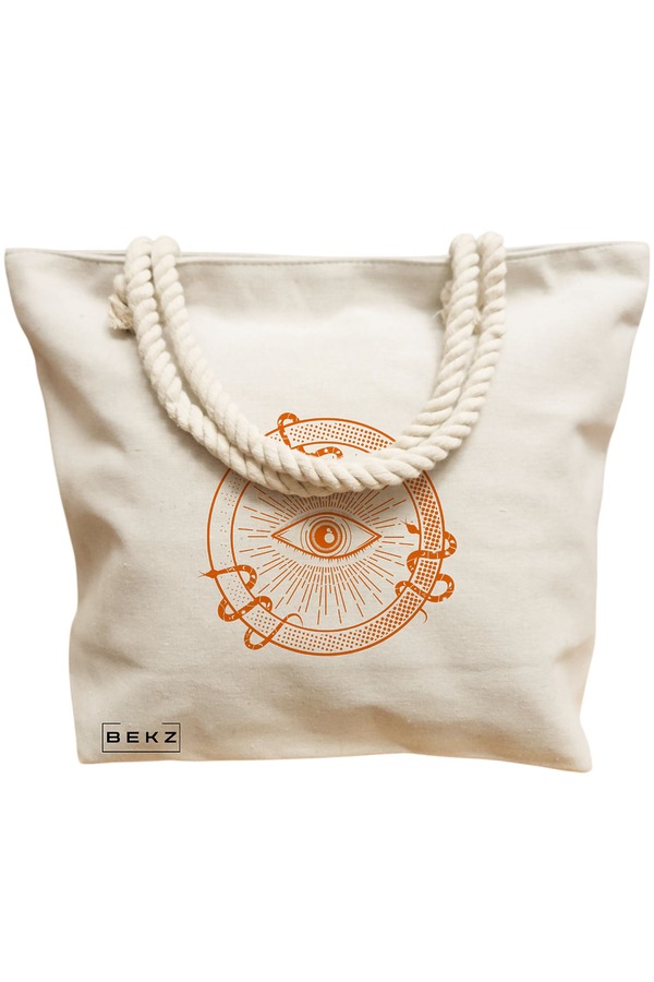 Geanta Canvas Tote pentru femei, model Mystic Eye, 40x51 cm, Bej, BEKZ® 12 model Mystic Eye