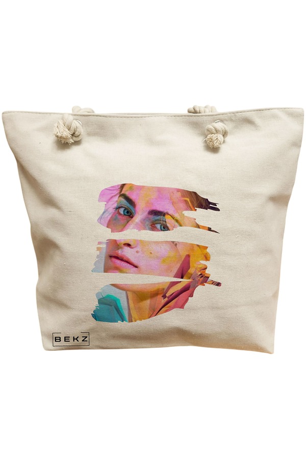 Geanta Canvas Tote pentru femei, model Fragmented Art, 40x51 cm, Bej, BEKZ® 11 Geanta Canvas Tote pentru femei