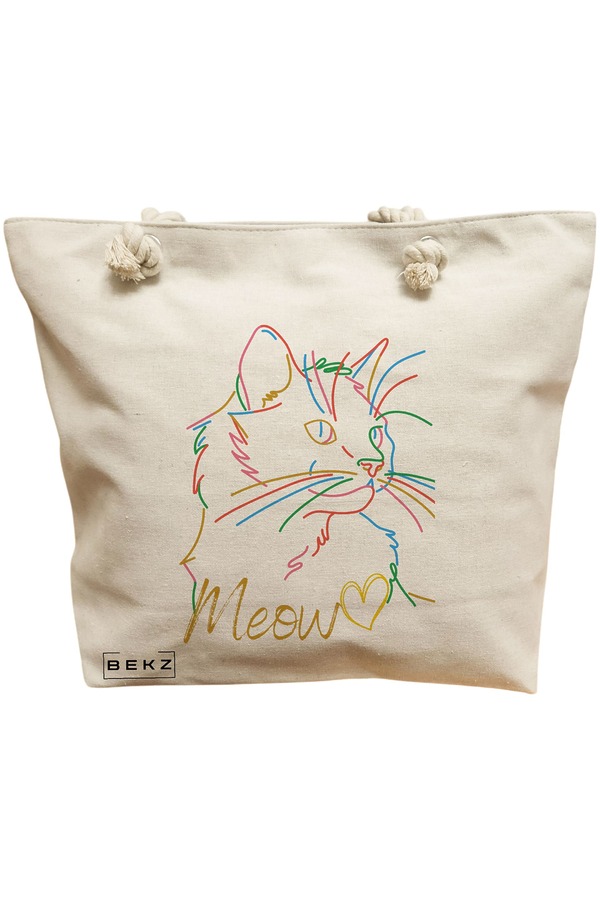 Geanta Canvas Tote pentru femei, model Meow, 40x51 cm, Bej, BEKZ® 11 Geanta Canvas Tote pentru femei
