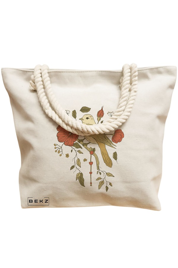 Geanta Canvas Tote pentru femei, model Cantec Floral, 40x51 cm, Bej, BEKZ® 12 model Cantec Floral