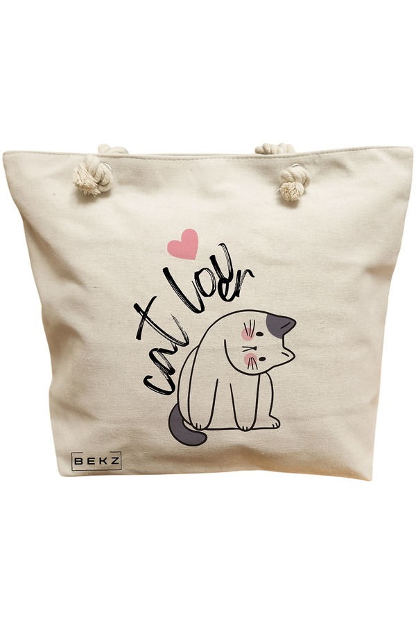 Geanta Canvas Tote pentru femei, model Cat Lover, 40x51 cm, Bej, BEKZ® 11 Geanta Canvas Tote pentru femei