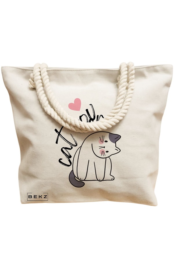 Geanta Canvas Tote pentru femei, model Cat Lover, 40x51 cm, Bej, BEKZ® 12 model Cat Lover