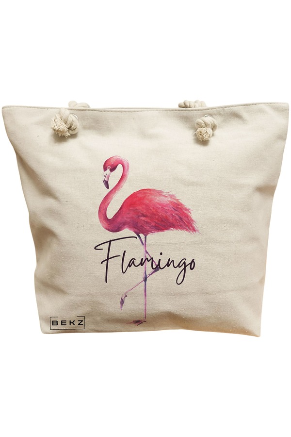 Geanta Canvas Tote pentru femei, model Flamingo, 40x51 cm, Bej, BEKZ® 11 Geanta Canvas Tote pentru femei