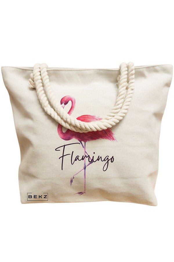 Geanta Canvas Tote pentru femei, model Flamingo, 40x51 cm, Bej, BEKZ® 12 model Flamingo