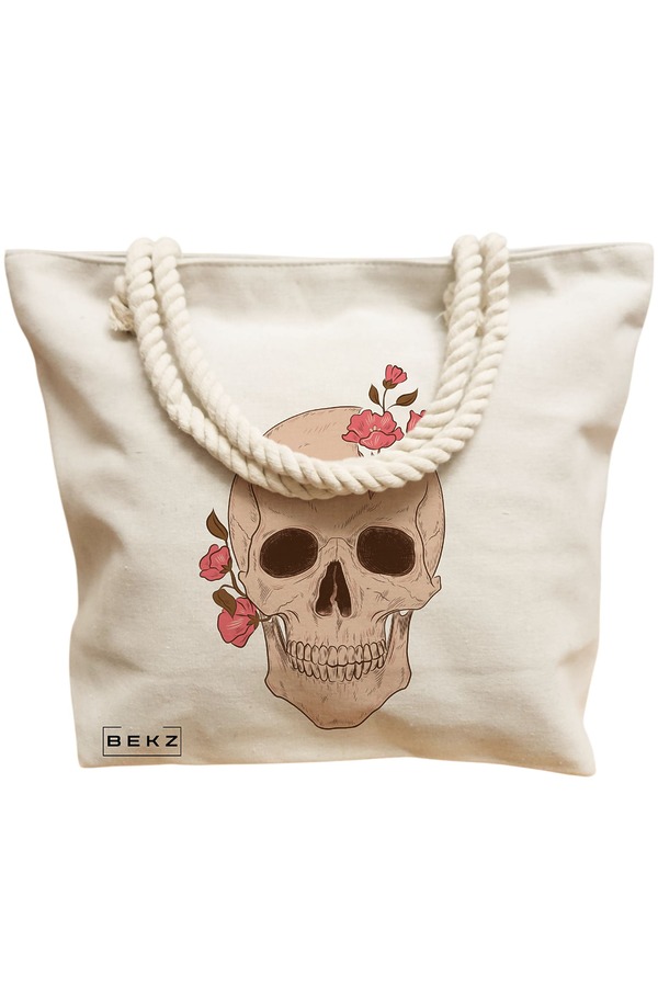 Geanta Canvas Tote pentru femei, model Floral Skull, 40x51 cm, Bej, BEKZ® 12 model Floral Skull