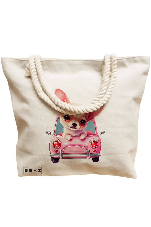 Geanta Canvas Tote pentru femei, model Chihuahua the Driver, 40x51 cm, Bej, BEKZ® 12 model Chihuahua the Driver