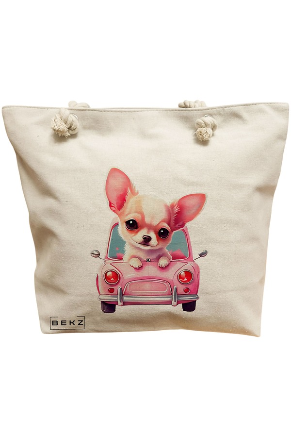 Geanta Canvas Tote pentru femei, model Chihuahua the Driver, 40x51 cm, Bej, BEKZ® 11 Geanta Canvas Tote pentru femei