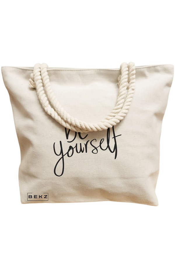 Geanta Canvas Tote pentru femei, model Be Yourself, 40x51 cm, Bej, BEKZ® 12 model Be Yourself