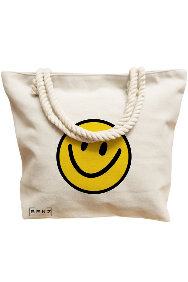 Geanta Canvas Tote pentru femei, model Happy Smile, 40x51 cm, Bej, BEKZ® 12 model Happy Smile