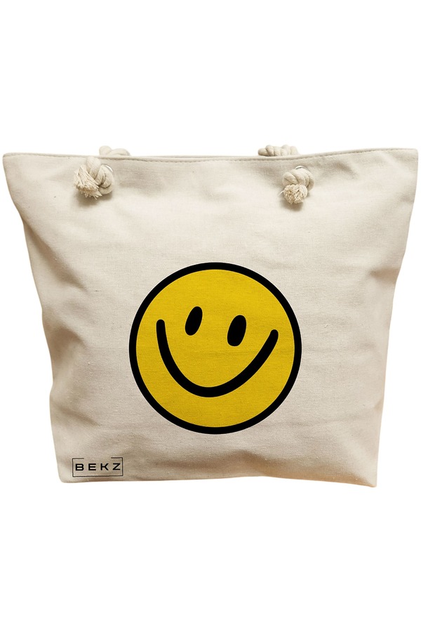 Geanta Canvas Tote pentru femei, model Happy Smile, 40x51 cm, Bej, BEKZ® 11 Geanta Canvas Tote pentru femei