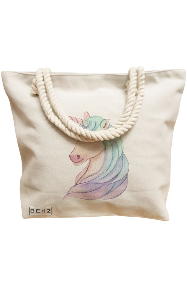 Geanta Canvas Tote pentru femei, model Unicorn, 40x51 cm, Bej, BEKZ® 12 model Unicorn