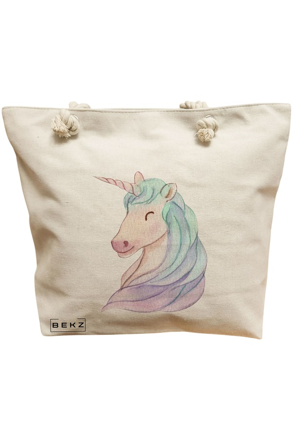 Geanta Canvas Tote pentru femei, model Unicorn, 40x51 cm, Bej, BEKZ® 11 Geanta Canvas Tote pentru femei