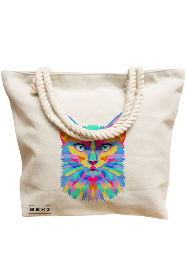 Geanta Canvas Tote pentru femei, model Colorful Geometric Cat, 40x51 cm, Bej, BEKZ® 12 model Colorful Geometric Cat