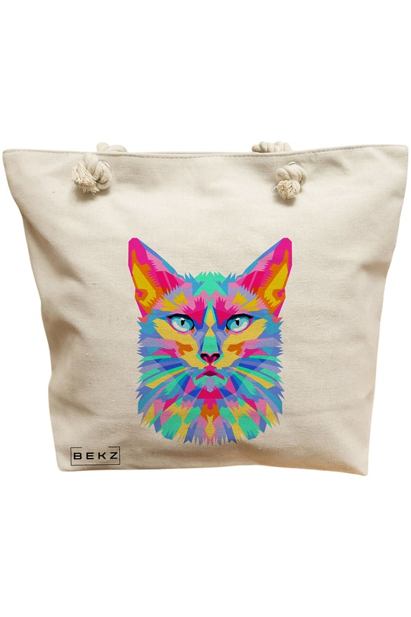 Geanta Canvas Tote pentru femei, model Colorful Geometric Cat, 40x51 cm, Bej, BEKZ® 11 Geanta Canvas Tote pentru femei