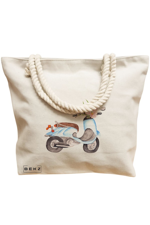 Geanta Canvas Tote pentru femei, model Floral Bike, 40x51 cm, Bej, BEKZ® 12 model Floral Bike