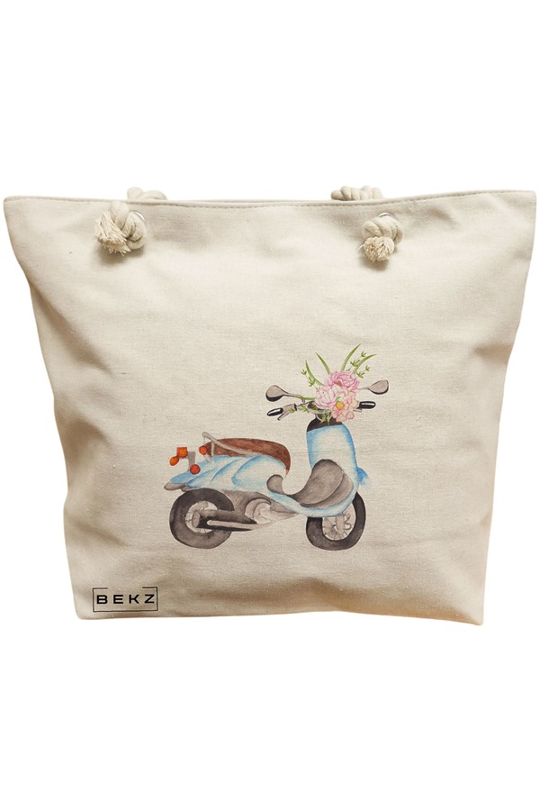 Geanta Canvas Tote pentru femei, model Floral Bike, 40x51 cm, Bej, BEKZ® 11 Geanta Canvas Tote pentru femei