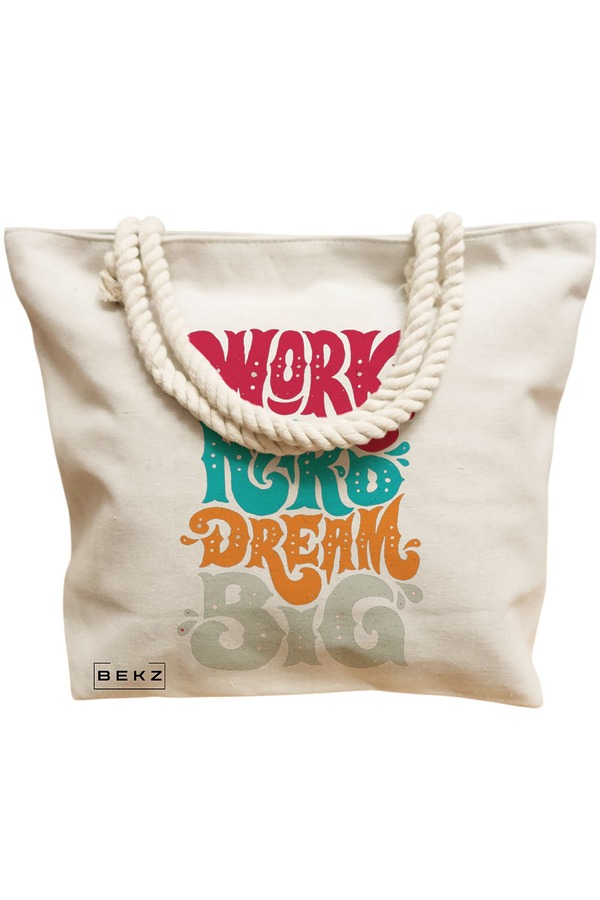 Geanta Canvas Tote pentru femei, model Work Hard Dream Big, 40x51 cm, Bej, BEKZ® 12 model Work Hard Dream Big