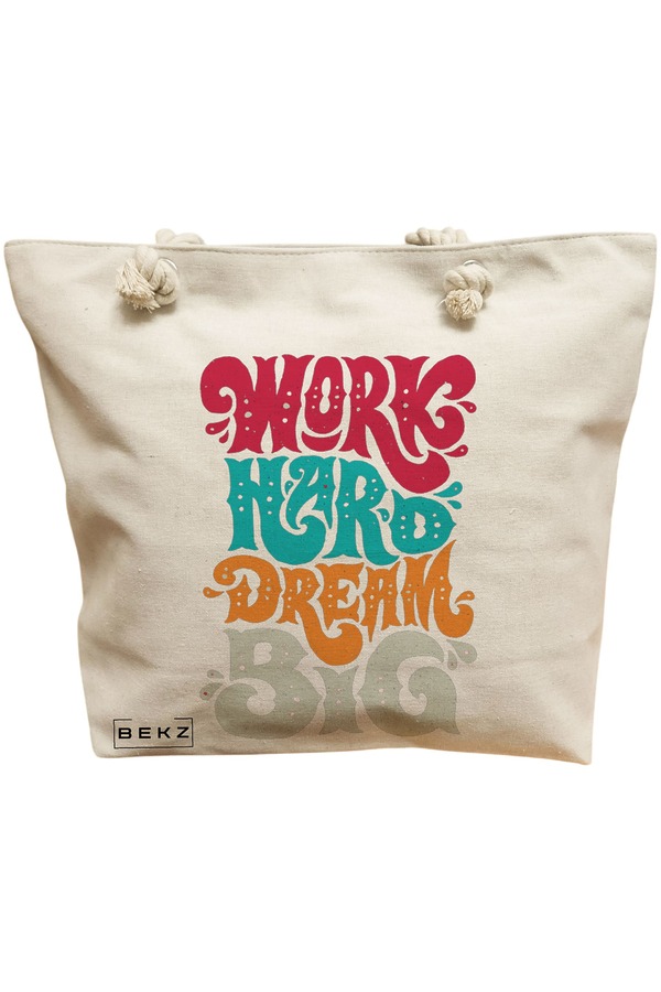 Geanta Canvas Tote pentru femei, model Work Hard Dream Big, 40x51 cm, Bej, BEKZ® 11 Geanta Canvas Tote pentru femei