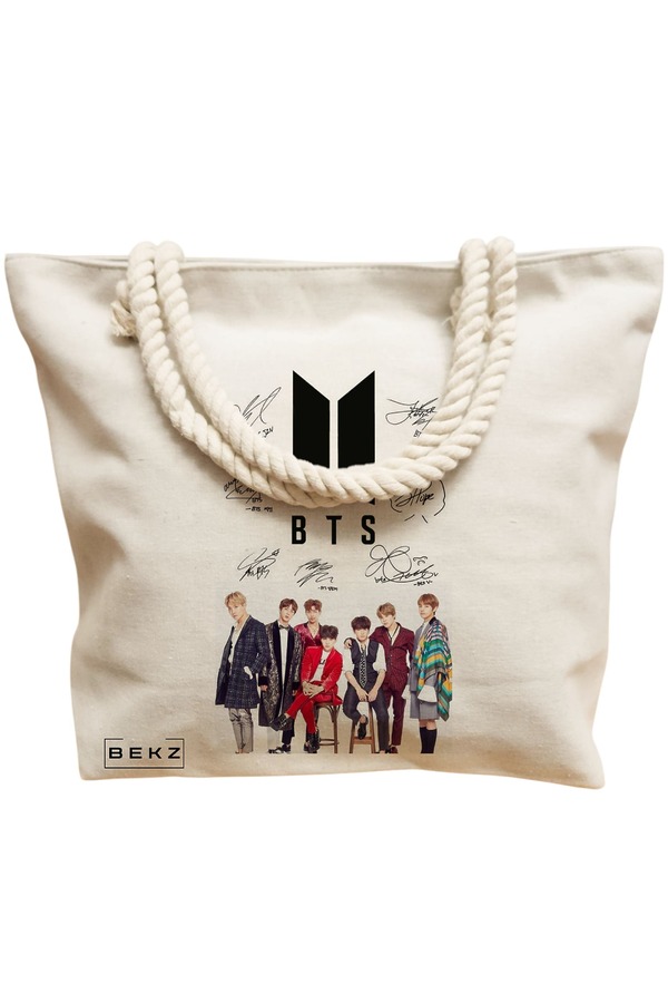 Geanta Canvas Tote pentru femei, model BTS Army 1, 40x51 cm, Bej, BEKZ® 12 model BTS Army 1