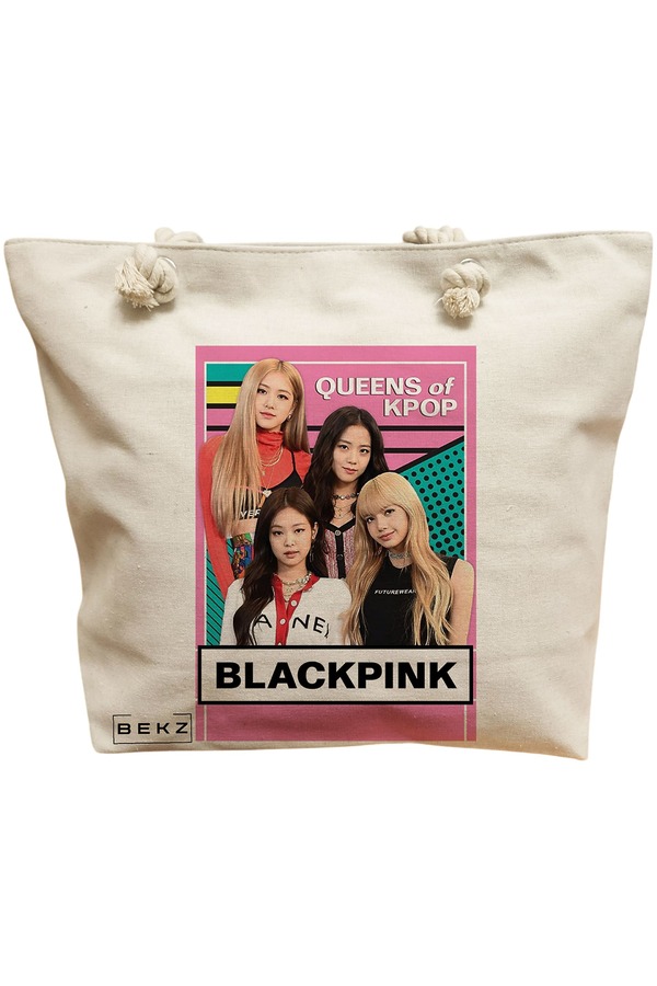 Geanta Canvas Tote pentru femei, model Blackpink 1, 40x51 cm, Bej, BEKZ® 11 Geanta Canvas Tote pentru femei