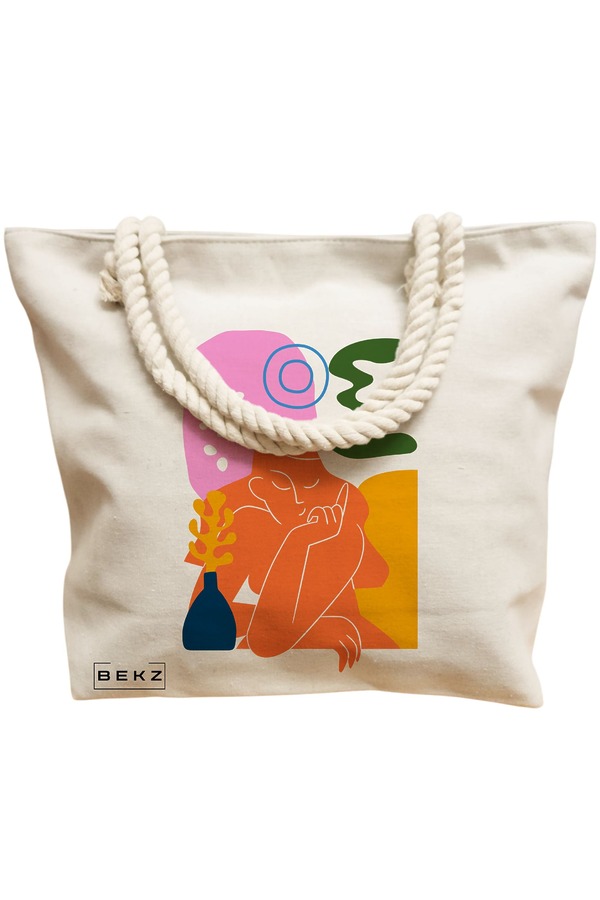 Geanta Canvas Tote pentru femei, model Contemplatie Abstracta, 40x51 cm, Bej, BEKZ® 12 model Contemplatie Abstracta