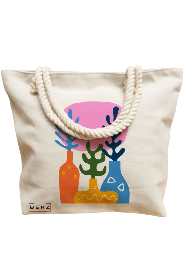 Geanta Canvas Tote pentru femei, model Gradina Abstracta, 40x51 cm, Bej, BEKZ® 12 model Gradina Abstracta