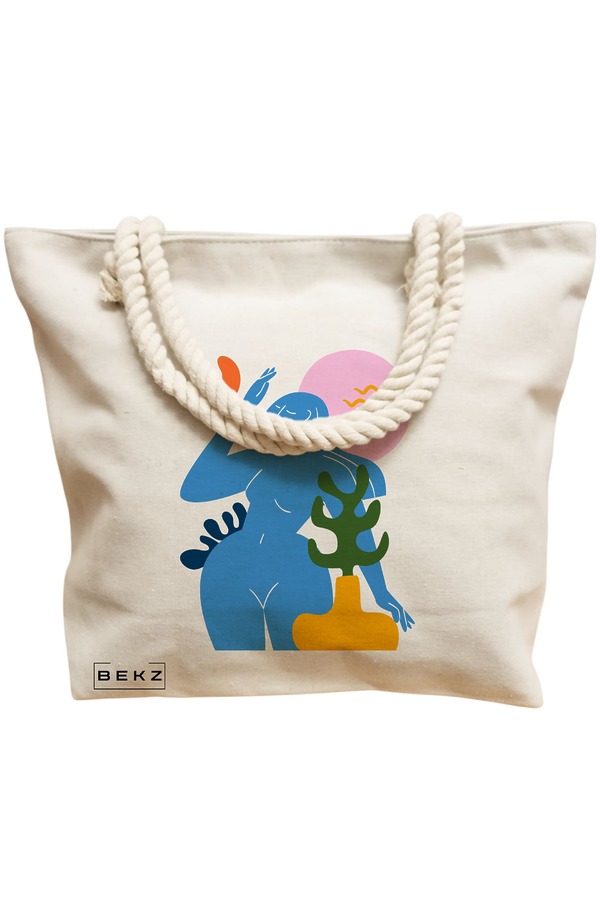 Geanta Canvas Tote pentru femei, model Abstract Connection, 40x51 cm, Bej, BEKZ® 12 model Abstract Connection