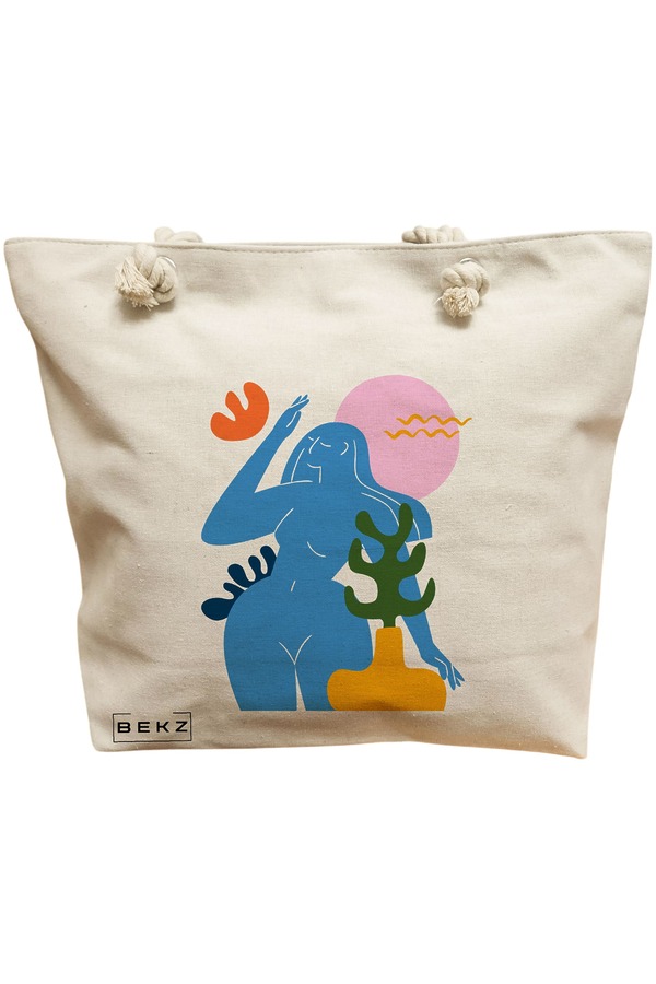 Geanta Canvas Tote pentru femei, model Abstract Connection, 40x51 cm, Bej, BEKZ® 11 Geanta Canvas Tote pentru femei