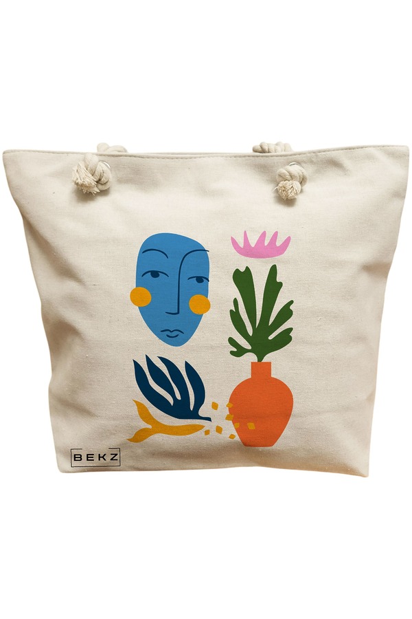 Geanta Canvas Tote pentru femei, model Forms and Faces, 40x51 cm, Bej, BEKZ® 11 Geanta Canvas Tote pentru femei