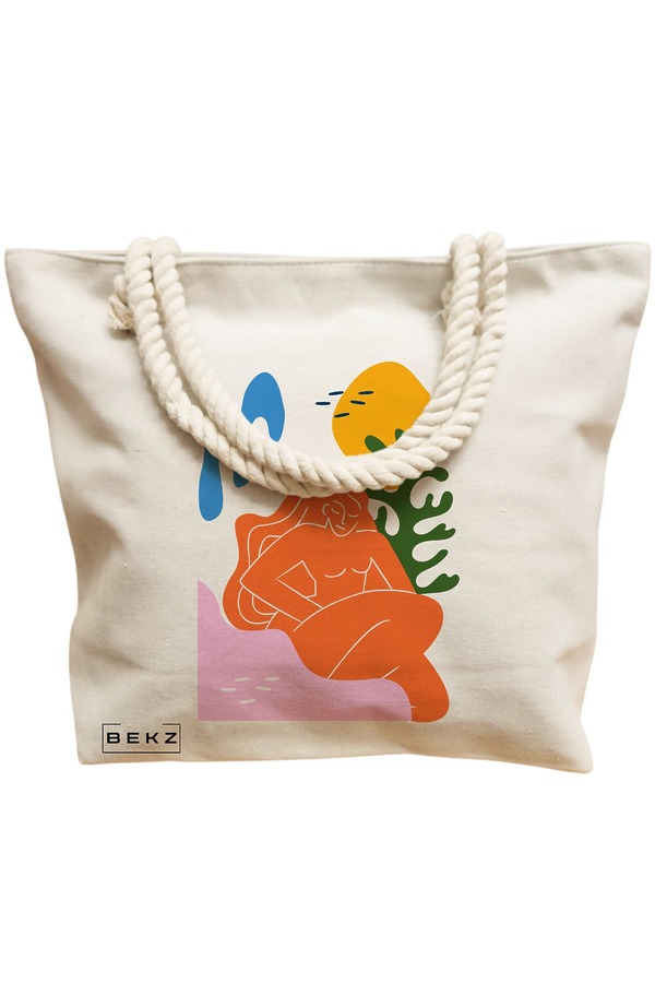 Geanta Canvas Tote pentru femei, model Abstract Connection, 40x51 cm, Bej, BEKZ® 12 model Abstract Connection