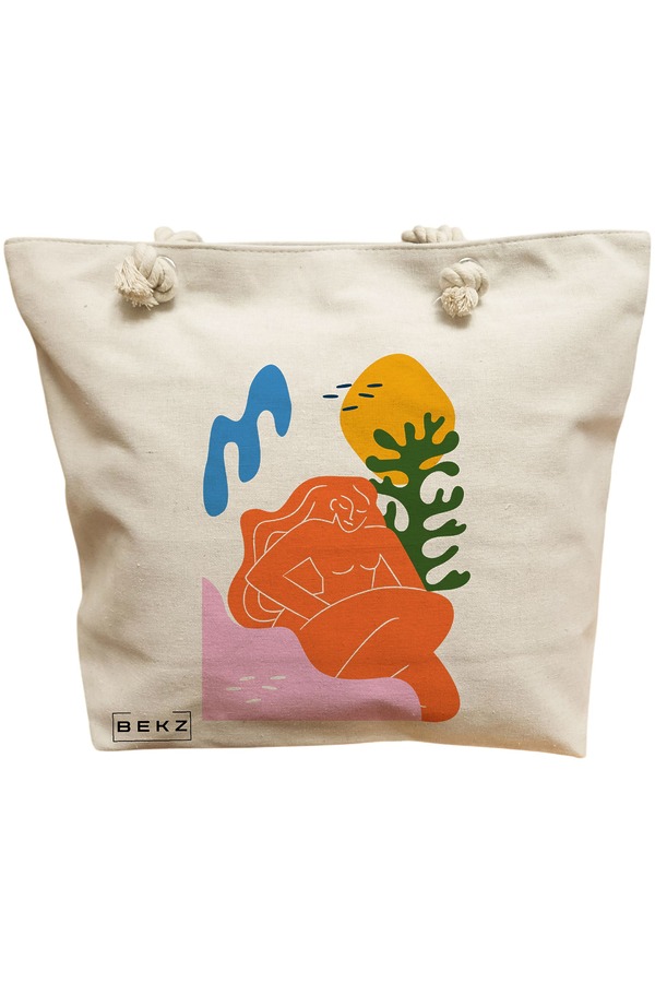 Geanta Canvas Tote pentru femei, model Abstract Connection, 40x51 cm, Bej, BEKZ® 11 Geanta Canvas Tote pentru femei