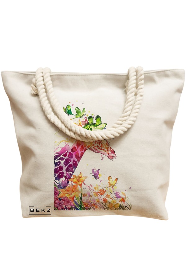 Geanta Canvas Tote pentru femei, model Colorful Giraffe, 40x51 cm, Bej, BEKZ® 12 model Colorful Giraffe