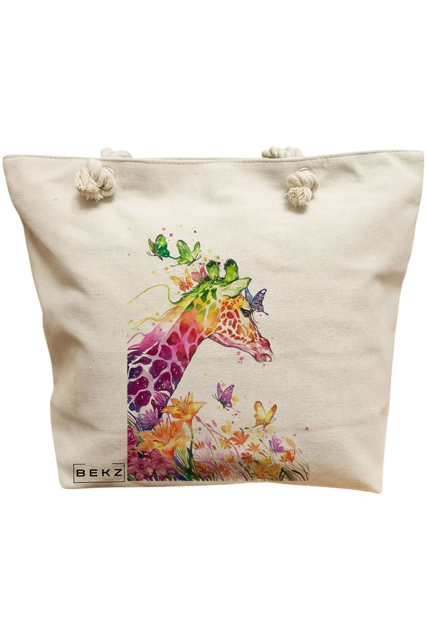 Geanta Canvas Tote pentru femei, model Colorful Giraffe, 40x51 cm, Bej, BEKZ® 11 Geanta Canvas Tote pentru femei