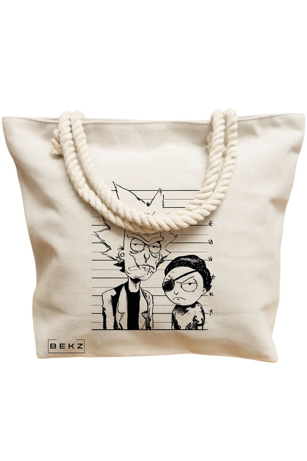 Geanta Canvas Tote pentru femei, model Rick and Morty, 40x51 cm, Bej, BEKZ® 12 model Rick and Morty