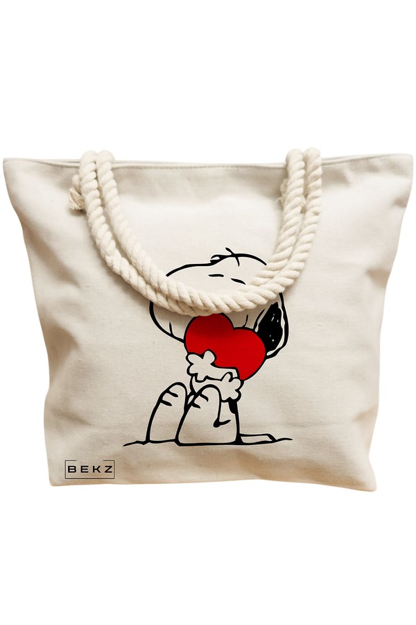 Geanta Canvas Tote pentru femei, model Doggo Love, 40x51 cm, Bej, BEKZ® 12 model Doggo Love