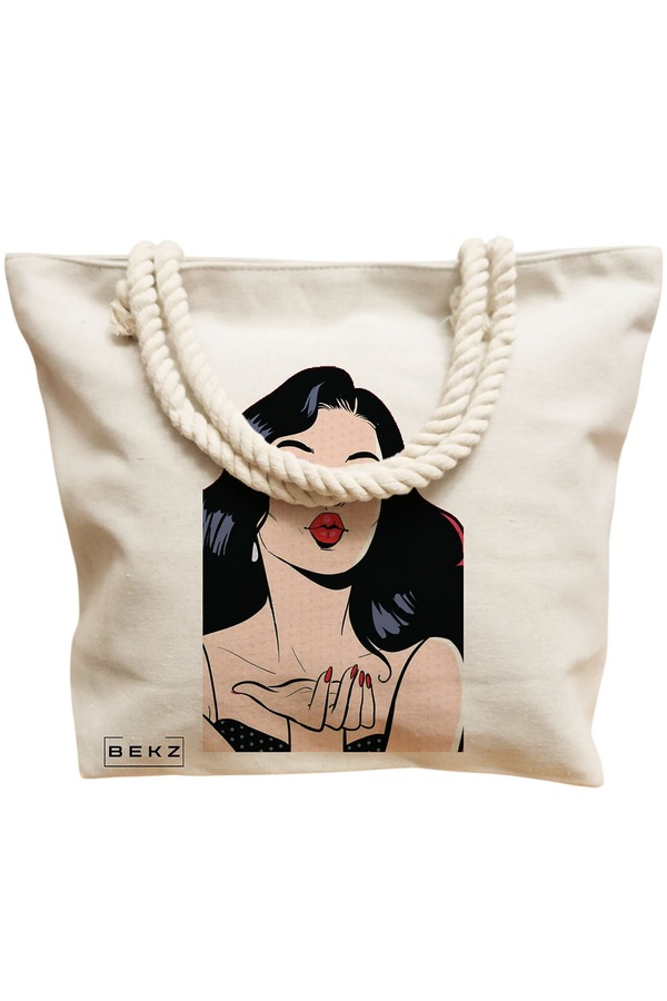 Geanta Canvas Tote pentru femei, model Stylish Girl, 40x51 cm, Bej, BEKZ® 12 model Stylish Girl