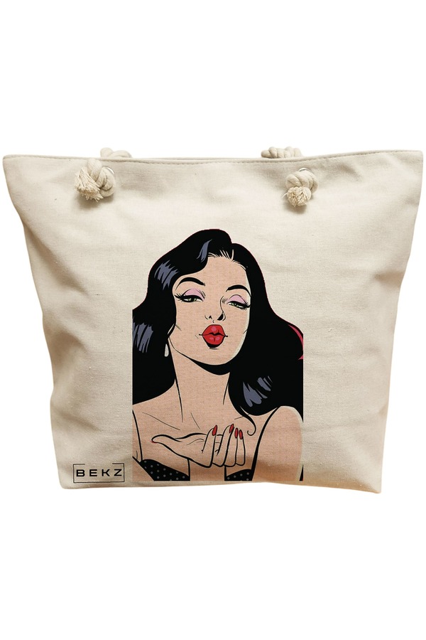 Geanta Canvas Tote pentru femei, model Stylish Girl, 40x51 cm, Bej, BEKZ® 11 Geanta Canvas Tote pentru femei