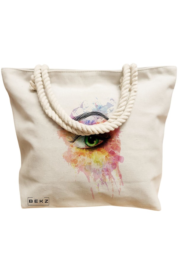 Geanta Canvas Tote pentru femei, model Eye Art Pattern, 40x51 cm, Bej, BEKZ® 12 model Eye Art Pattern