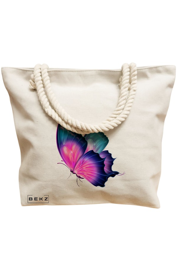 Geanta Canvas Tote pentru femei, model Colorful Butterfly, 40x51 cm, Bej, BEKZ® 12 model Colorful Butterfly