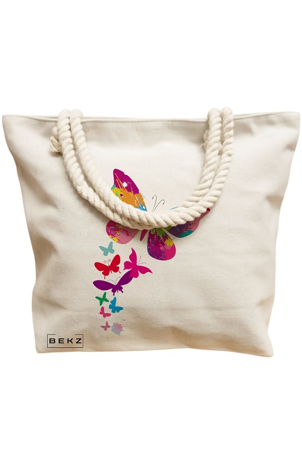 Geanta Canvas Tote pentru femei, model Watercolor Butterfly, 40x51 cm, Bej, BEKZ® 12 model Watercolor Butterfly