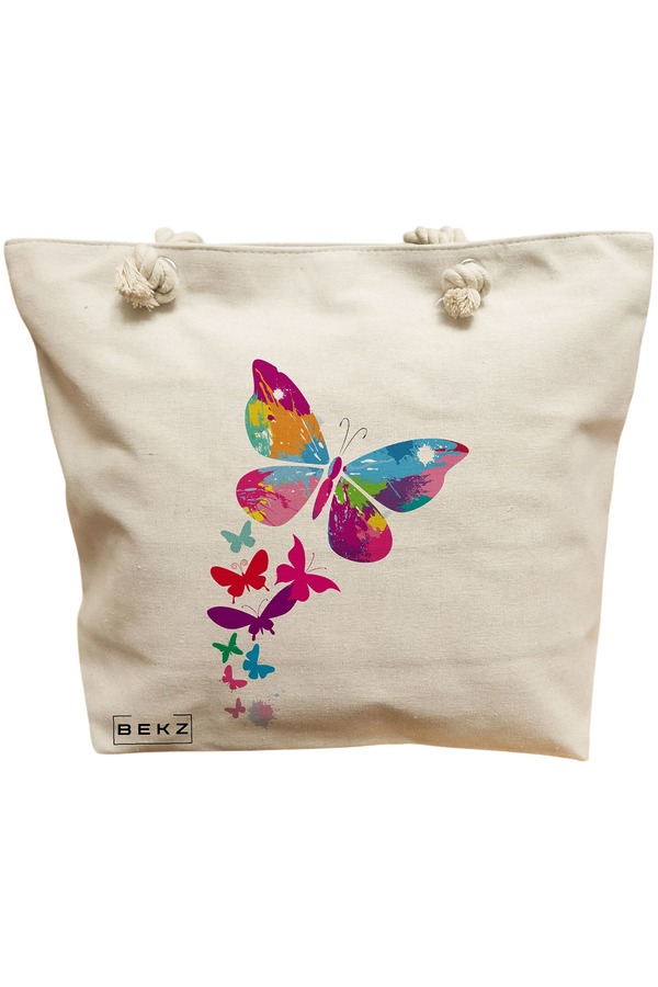 Geanta Canvas Tote pentru femei, model Watercolor Butterfly, 40x51 cm, Bej, BEKZ® 11 Geanta Canvas Tote pentru femei